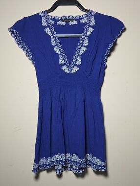 Embroidered V-Neck Royal Blue Tunic Top Scallop Trim